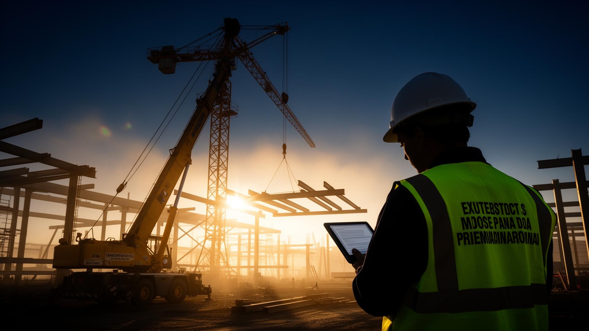 Bilingual safety supervisor reviewing compliance on construction jobsite with mobile crane at golden hour